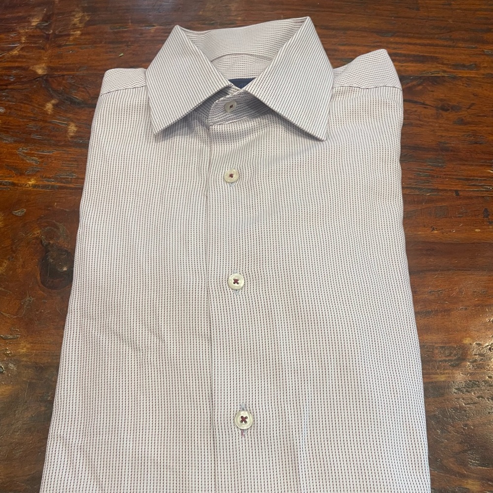 David Donahue dress shirt. 15.5, 34-35. Light blue with burgundy stripe.